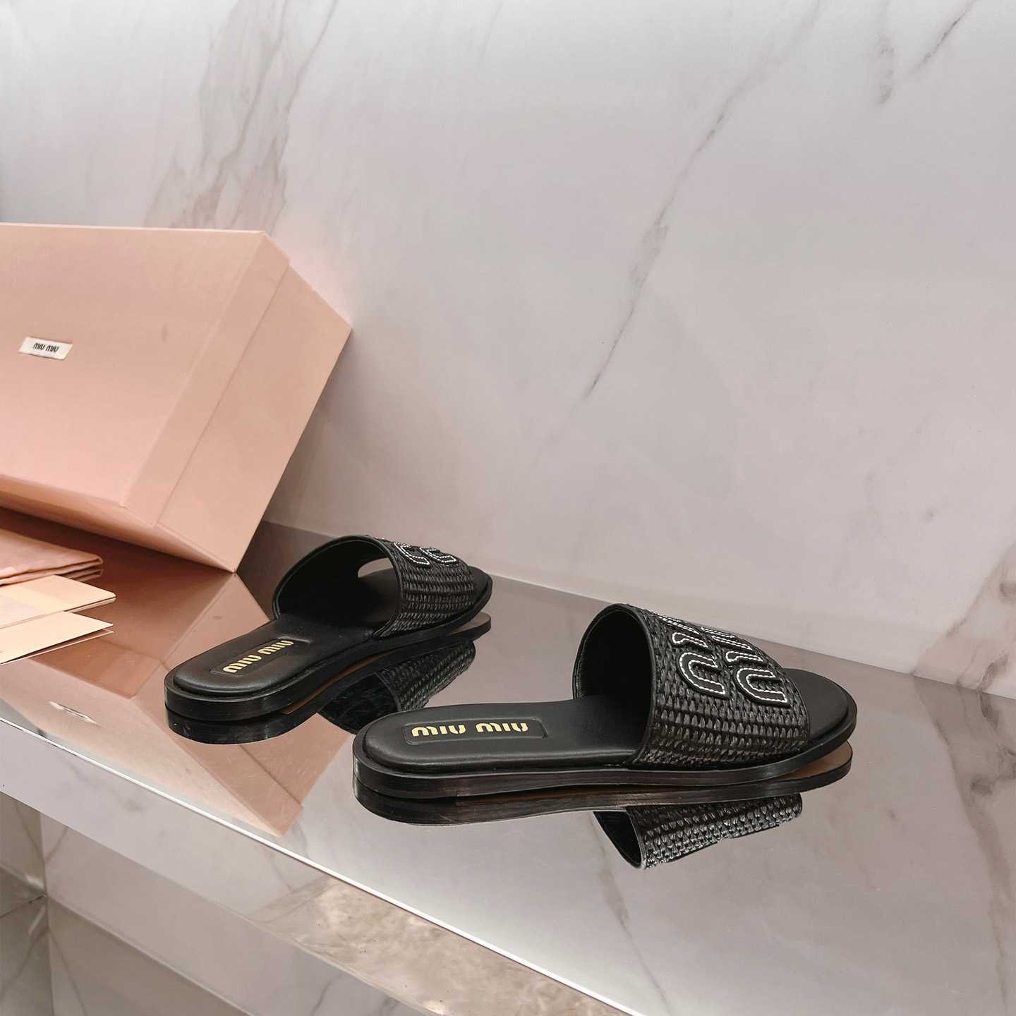 Miu Miu Raffia-effect Woven Fabric Slides - 