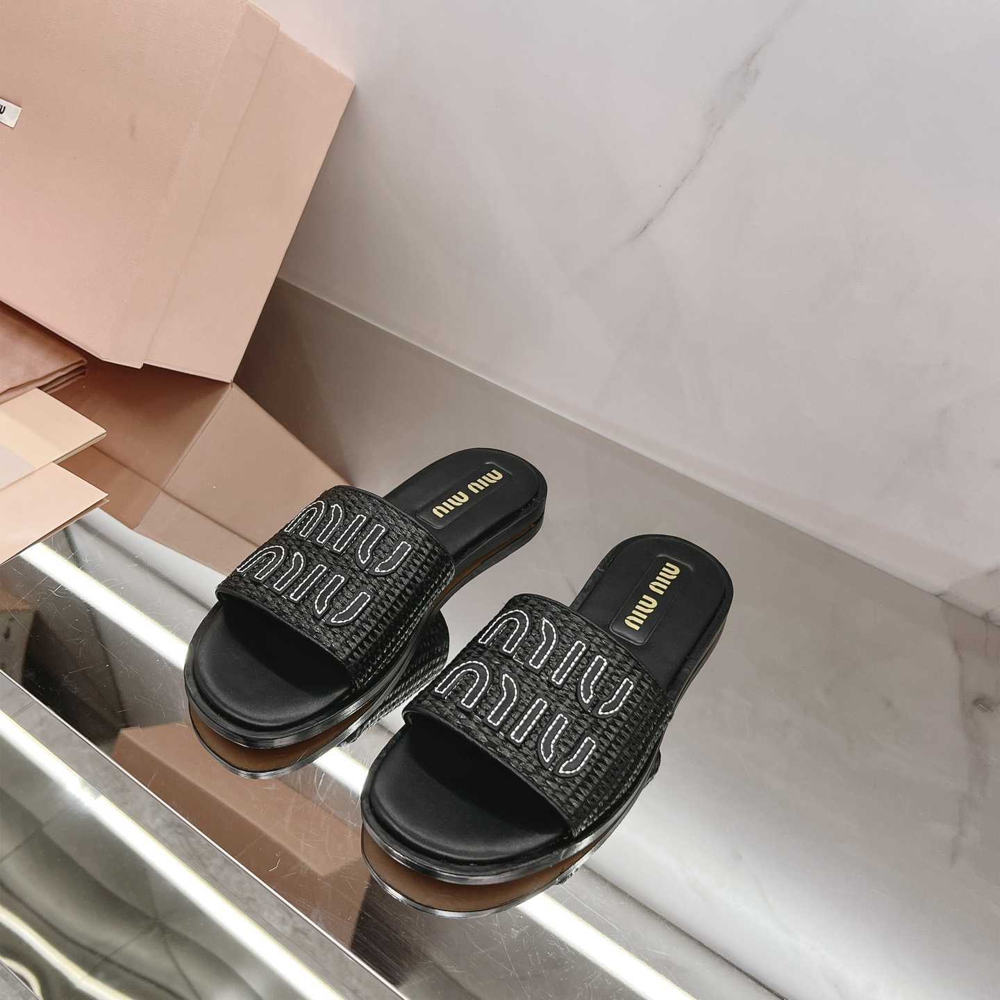 Miu Miu Raffia-effect Woven Fabric Slides - PerfectKickZ