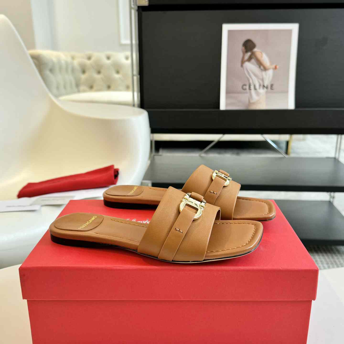 Ferragamo Women's Brown Flat Slide With Gancini Ornament - PerfectKickZ