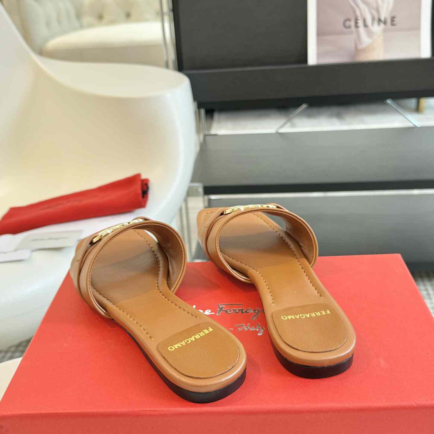 Ferragamo Women's Brown Flat Slide With Gancini Ornament - PerfectKickZ
