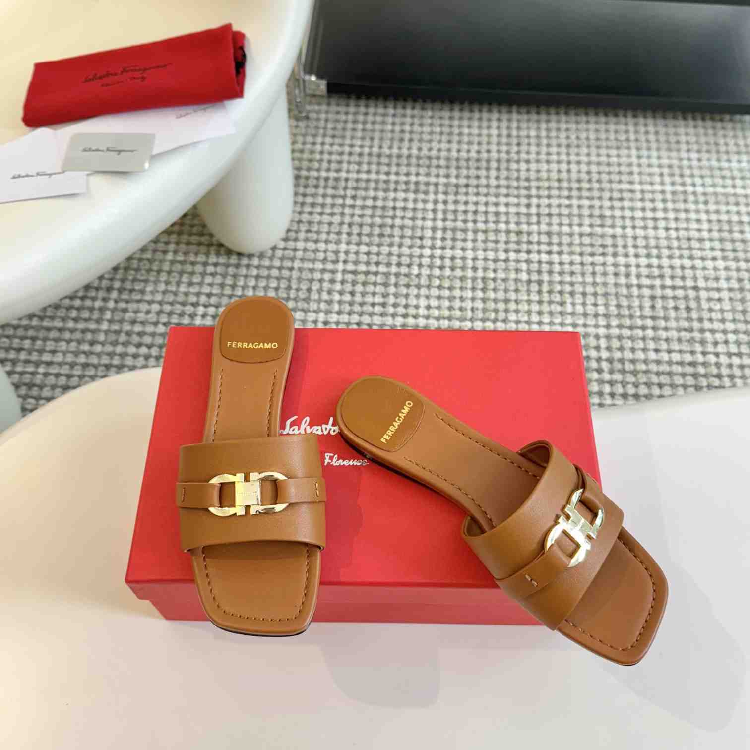 Ferragamo Women's Brown Flat Slide With Gancini Ornament - PerfectKickZ
