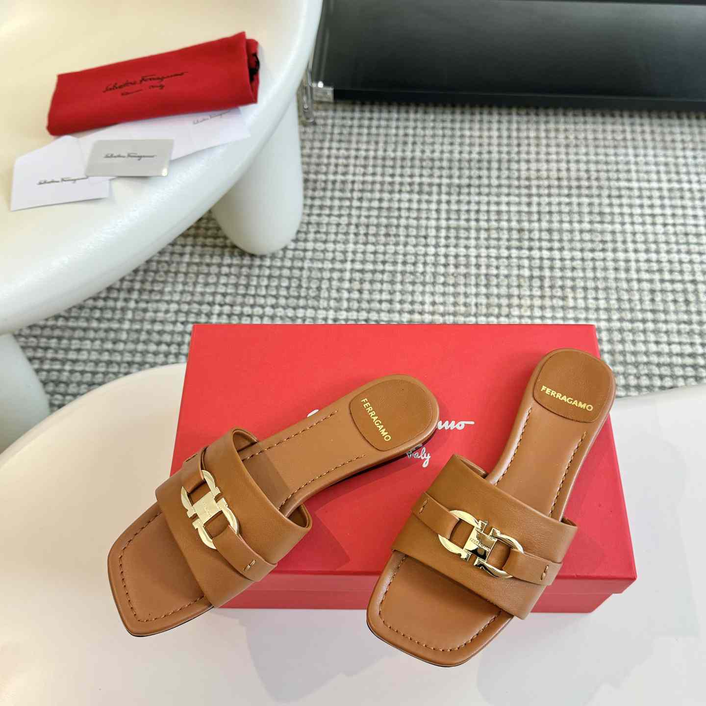 Ferragamo Women's Brown Flat Slide With Gancini Ornament - PerfectKickZ