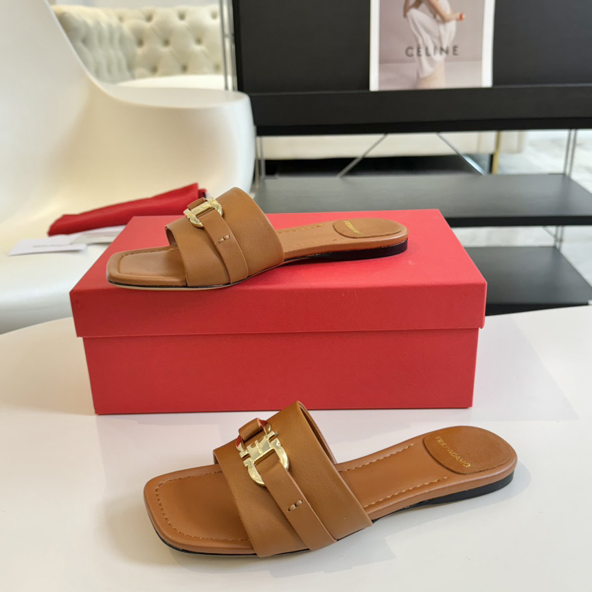 Ferragamo Women's Brown Flat Slide With Gancini Ornament - PerfectKickZ