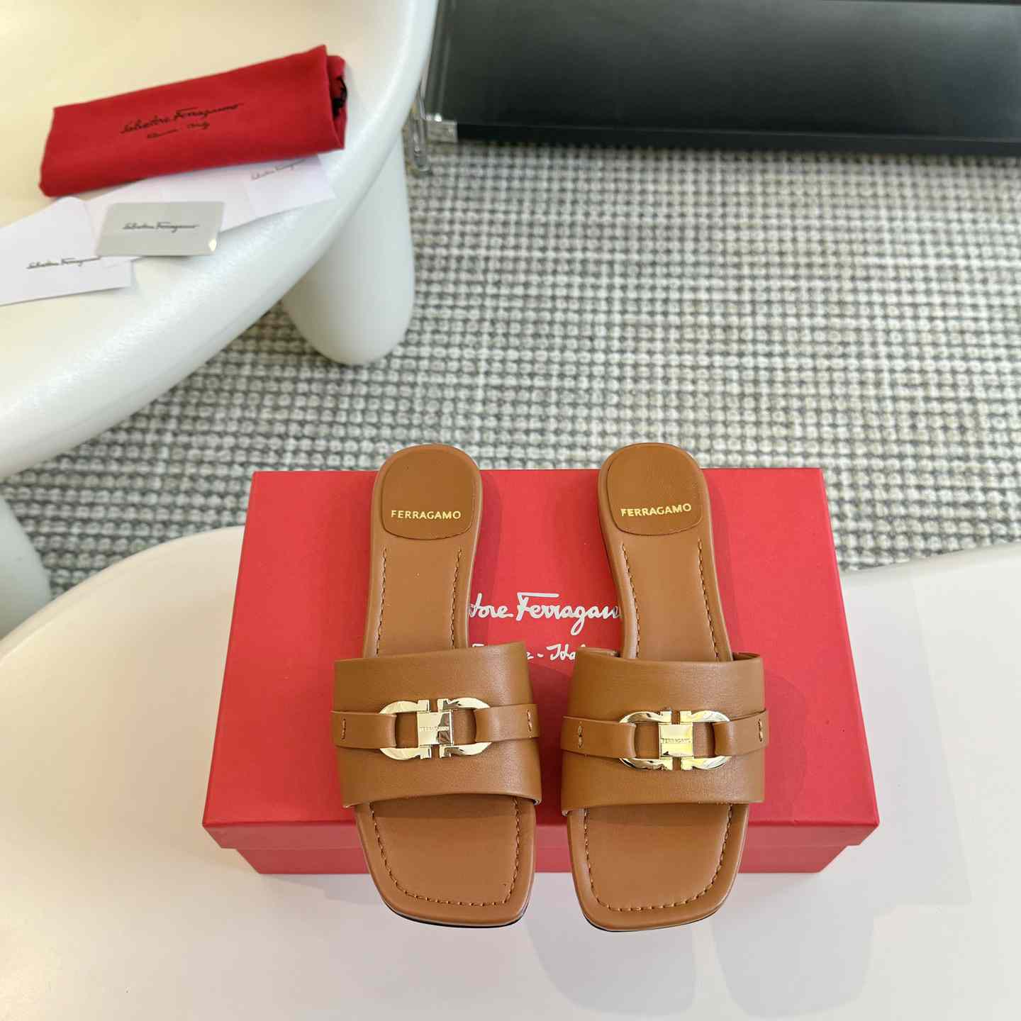 Ferragamo Women's Brown Flat Slide With Gancini Ornament - PerfectKickZ