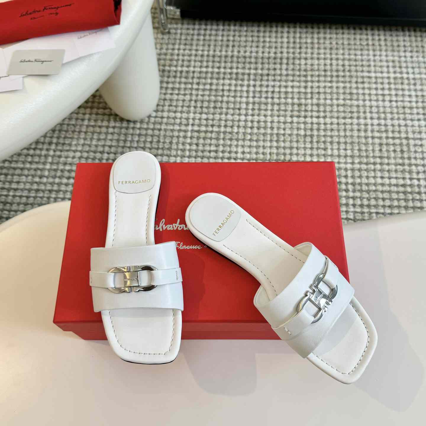 Ferragamo Women's White Flat Slide With Gancini Ornament - PerfectKickZ