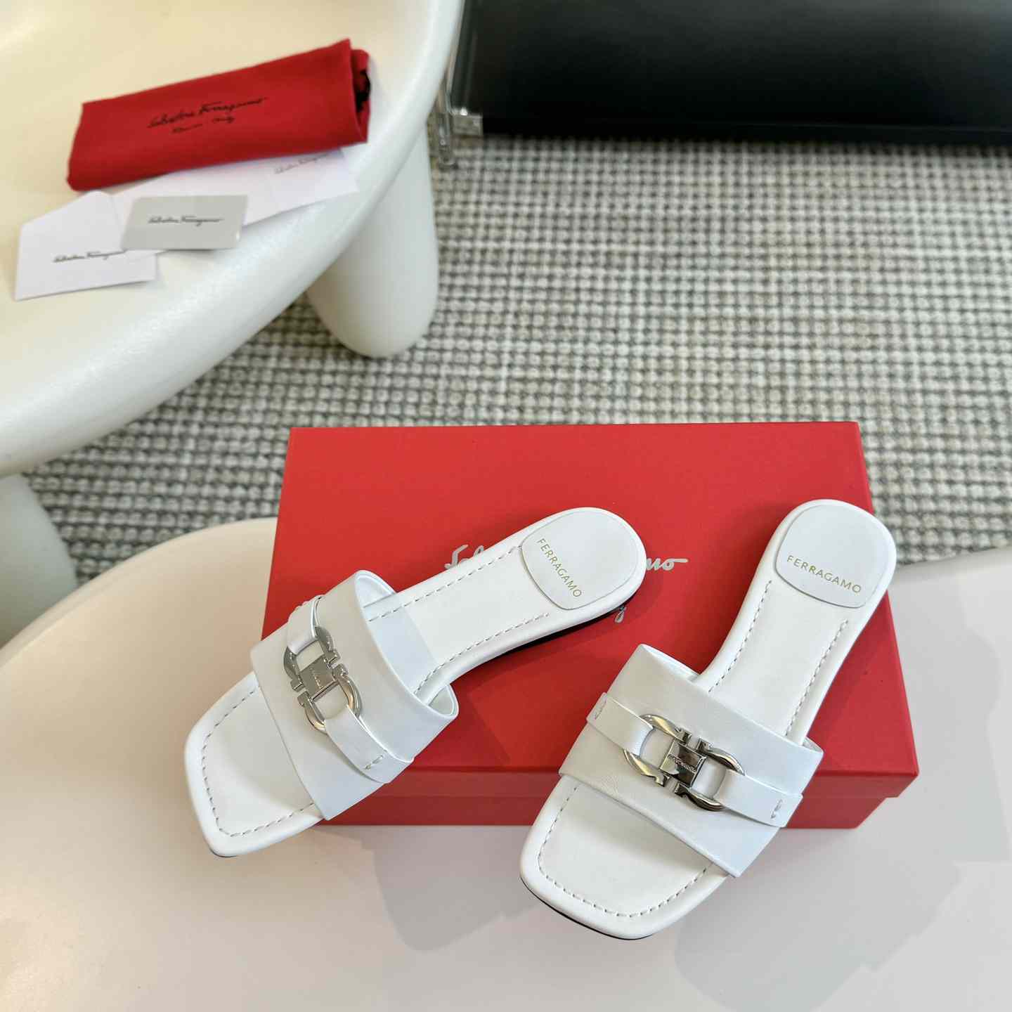 Ferragamo Women's White Flat Slide With Gancini Ornament - PerfectKickZ