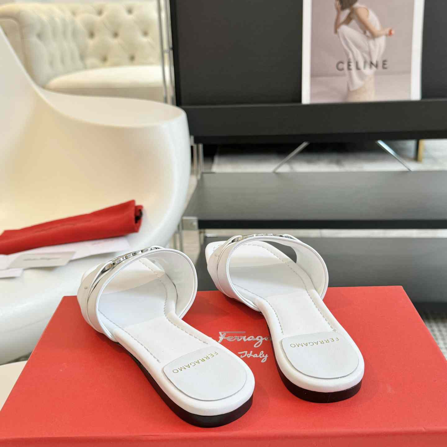 Ferragamo Women's White Flat Slide With Gancini Ornament - PerfectKickZ