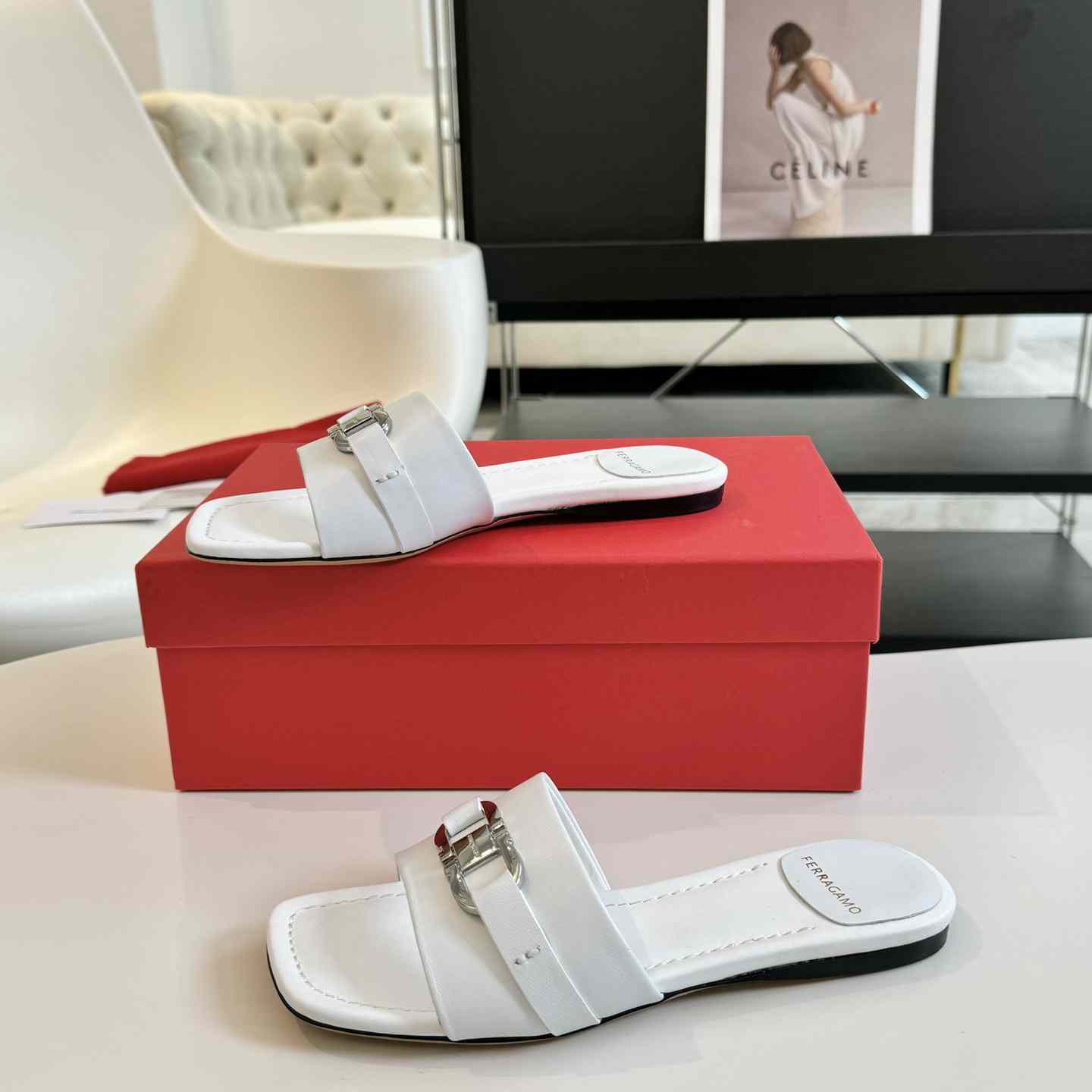 Ferragamo Women's White Flat Slide With Gancini Ornament - PerfectKickZ