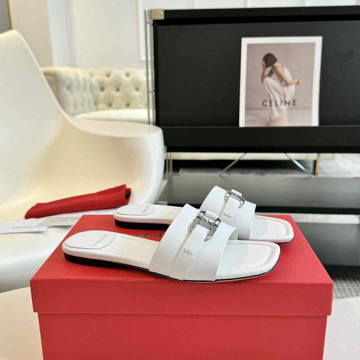 Ferragamo Women's White Flat Slide With Gancini Ornament - PerfectKickZ