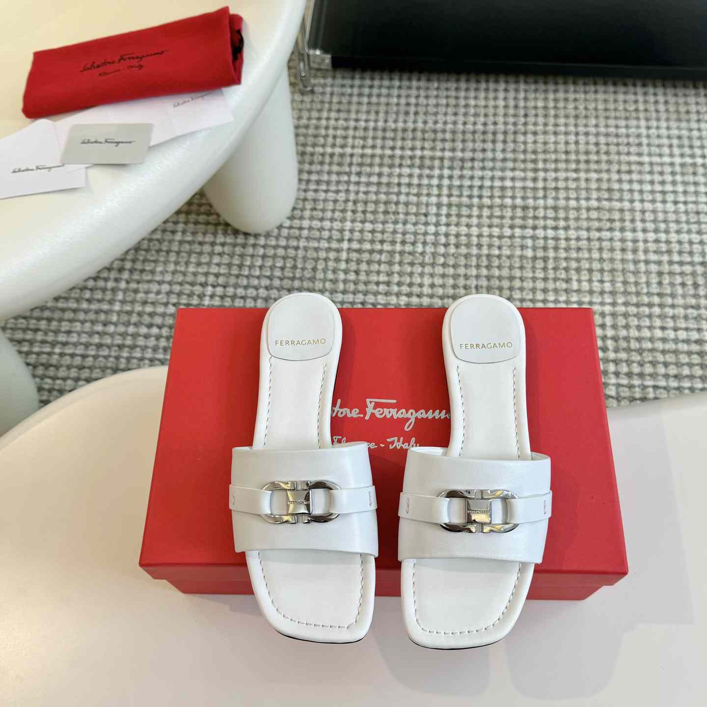 Ferragamo Women's White Flat Slide With Gancini Ornament - PerfectKickZ