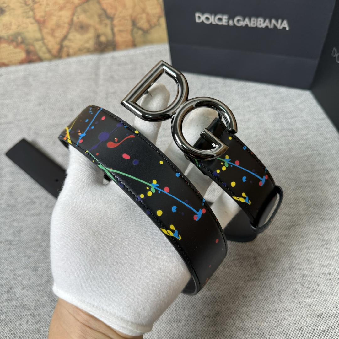 Dolce & Gabbana Paint Splatter Logo Buckle Leather Belt - PerfectKickZ
