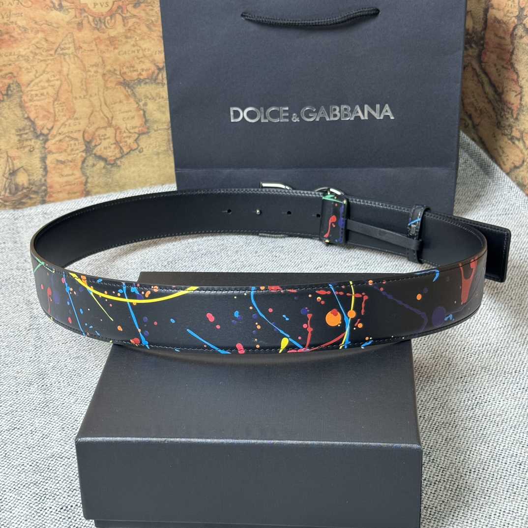 Dolce & Gabbana Paint Splatter Logo Buckle Leather Belt - PerfectKickZ