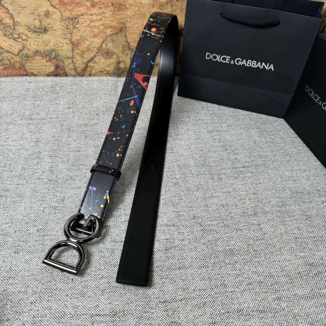 Dolce & Gabbana Paint Splatter Logo Buckle Leather Belt - PerfectKickZ