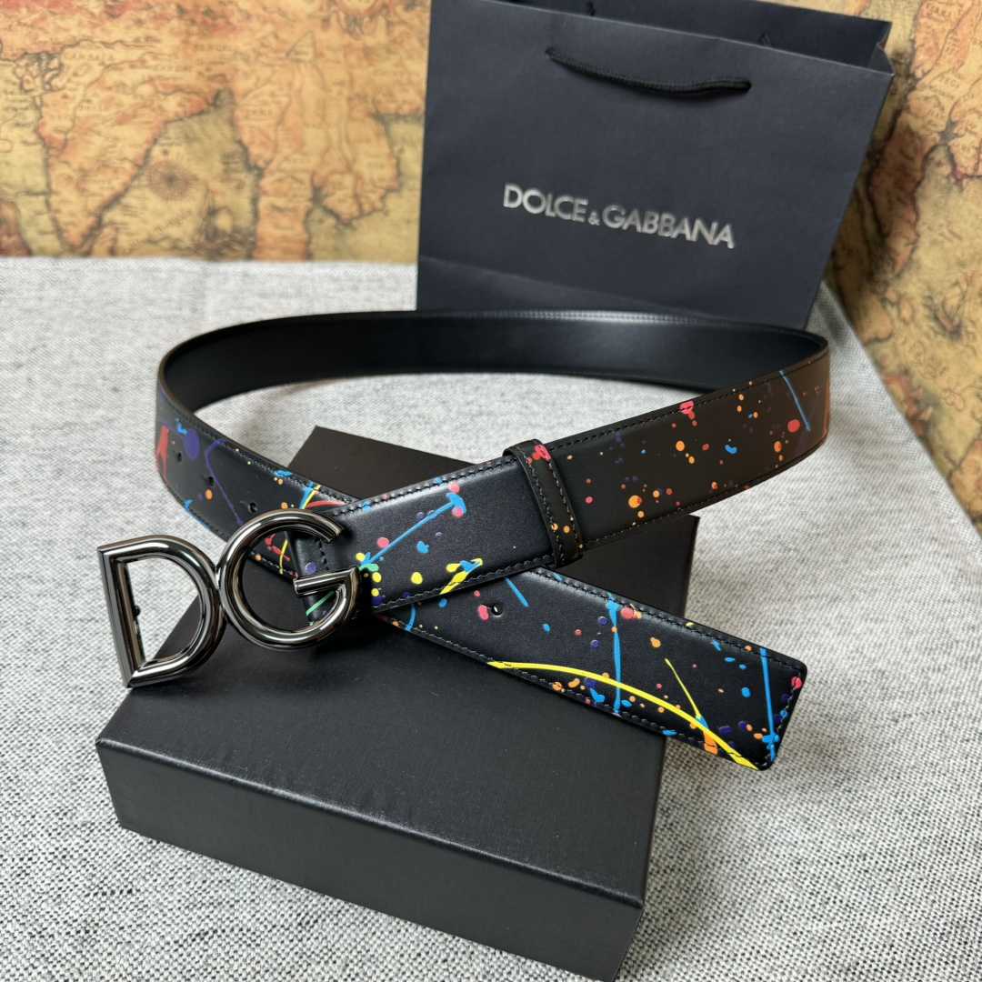 Dolce & Gabbana Paint Splatter Logo Buckle Leather Belt - PerfectKickZ