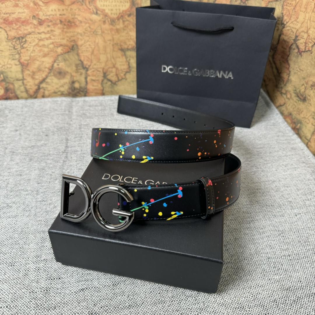 Dolce & Gabbana Paint Splatter Logo Buckle Leather Belt - PerfectKickZ