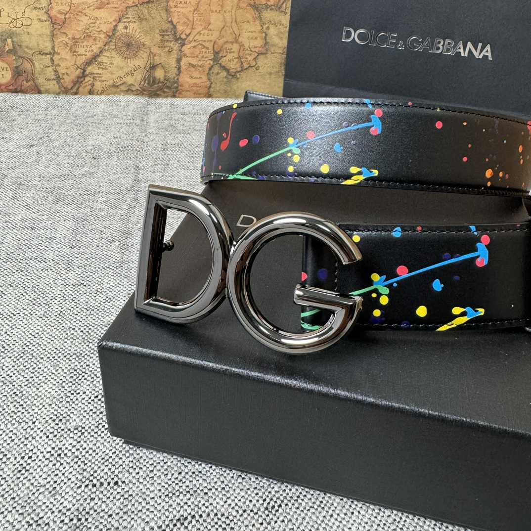 Dolce & Gabbana Paint Splatter Logo Buckle Leather Belt - PerfectKickZ