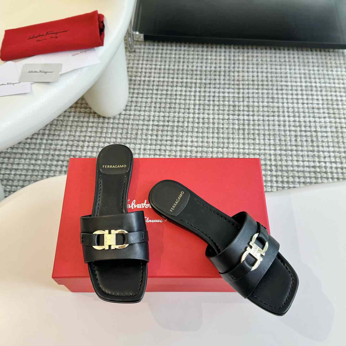 Ferragamo Women's Black Flat Slide With Gancini Ornament - PerfectKickZ