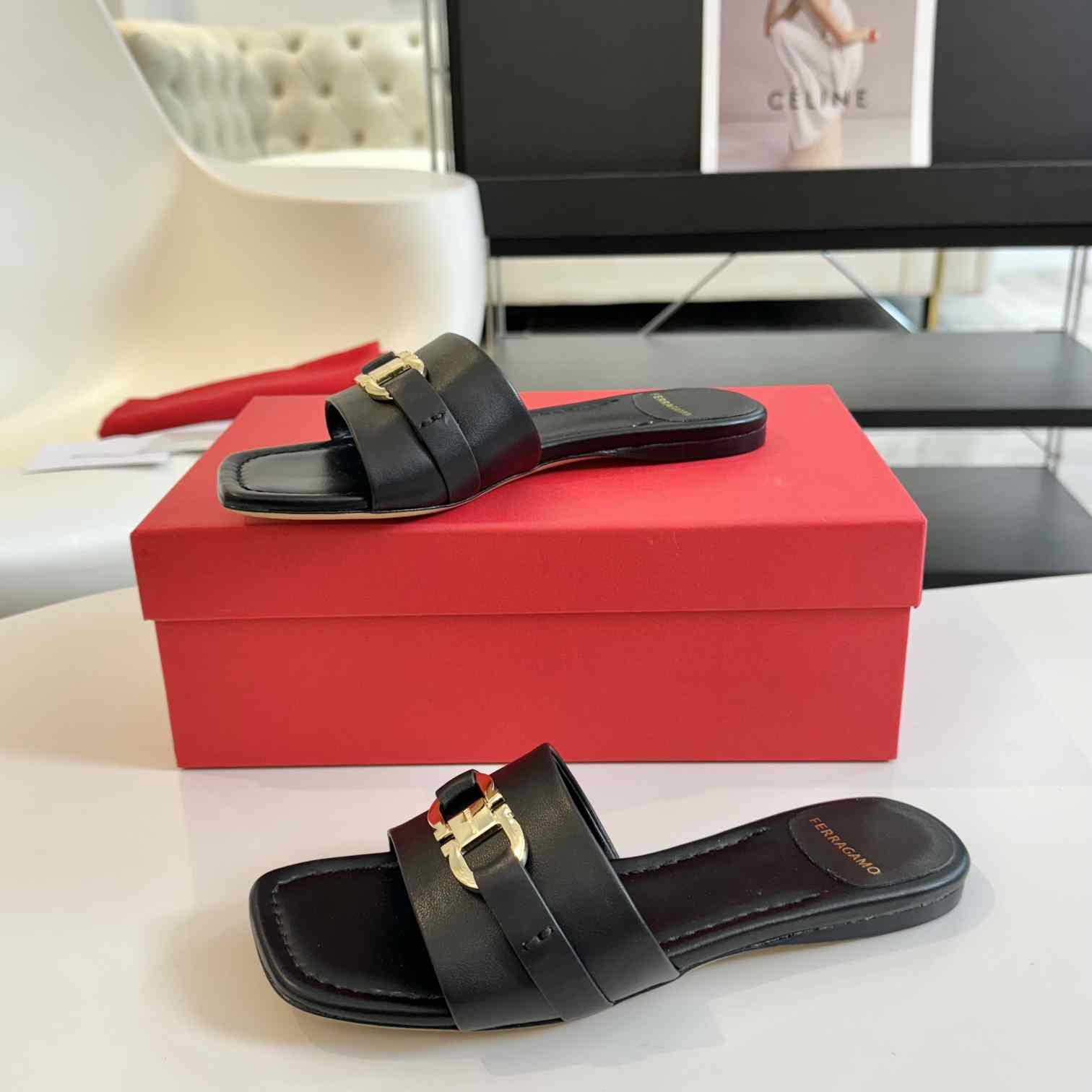 Ferragamo Women's Black Flat Slide With Gancini Ornament - PerfectKickZ