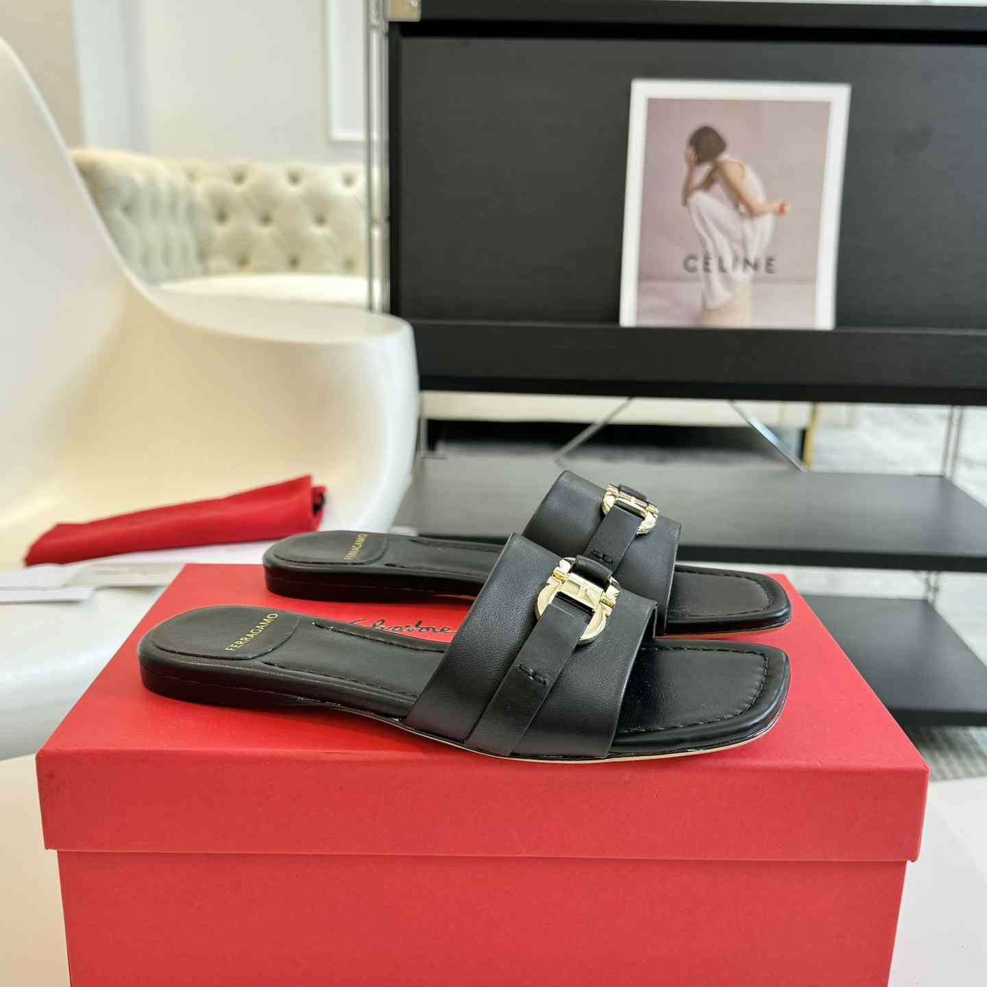 Ferragamo Women's Black Flat Slide With Gancini Ornament - PerfectKickZ
