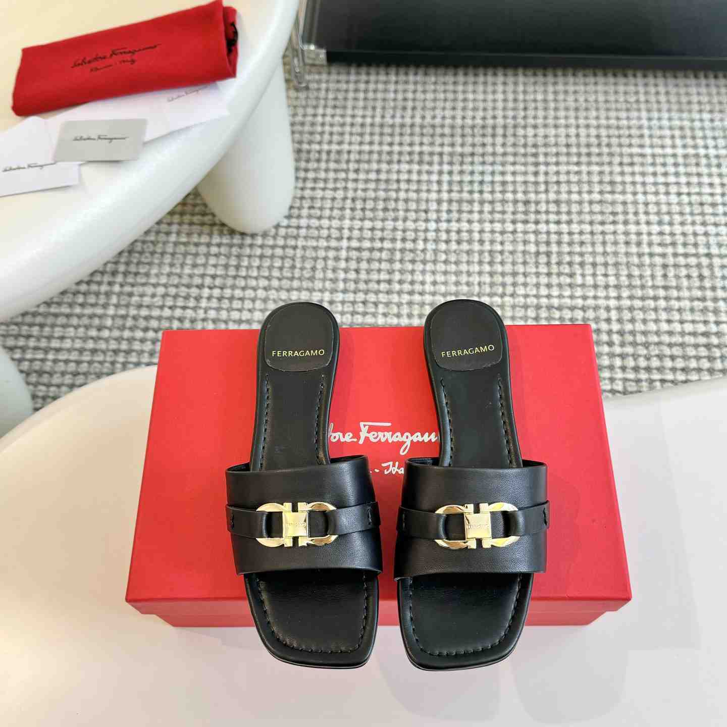 Ferragamo Women's Black Flat Slide With Gancini Ornament - PerfectKickZ