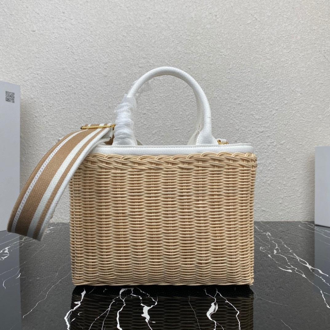 Prada Medium Wicker And Linen Blend Tote Bag (26-18-11.5cm) - PerfectKickZ