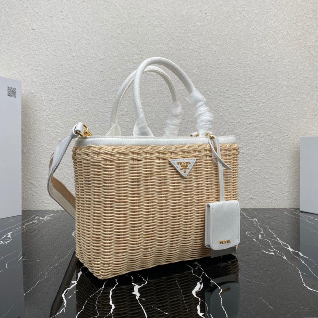 Prada Medium Wicker And Linen Blend Tote Bag (26-18-11.5cm) - PerfectKickZ