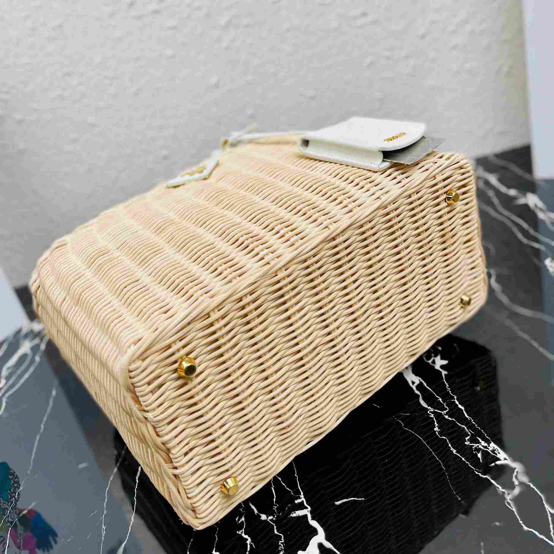 Prada Medium Wicker And Linen Blend Tote Bag (26-18-11.5cm) - PerfectKickZ