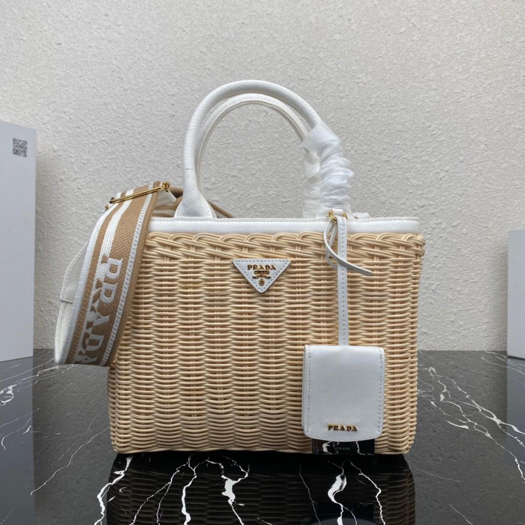 Prada Medium Wicker And Linen Blend Tote Bag (26-18-11.5cm) - PerfectKickZ