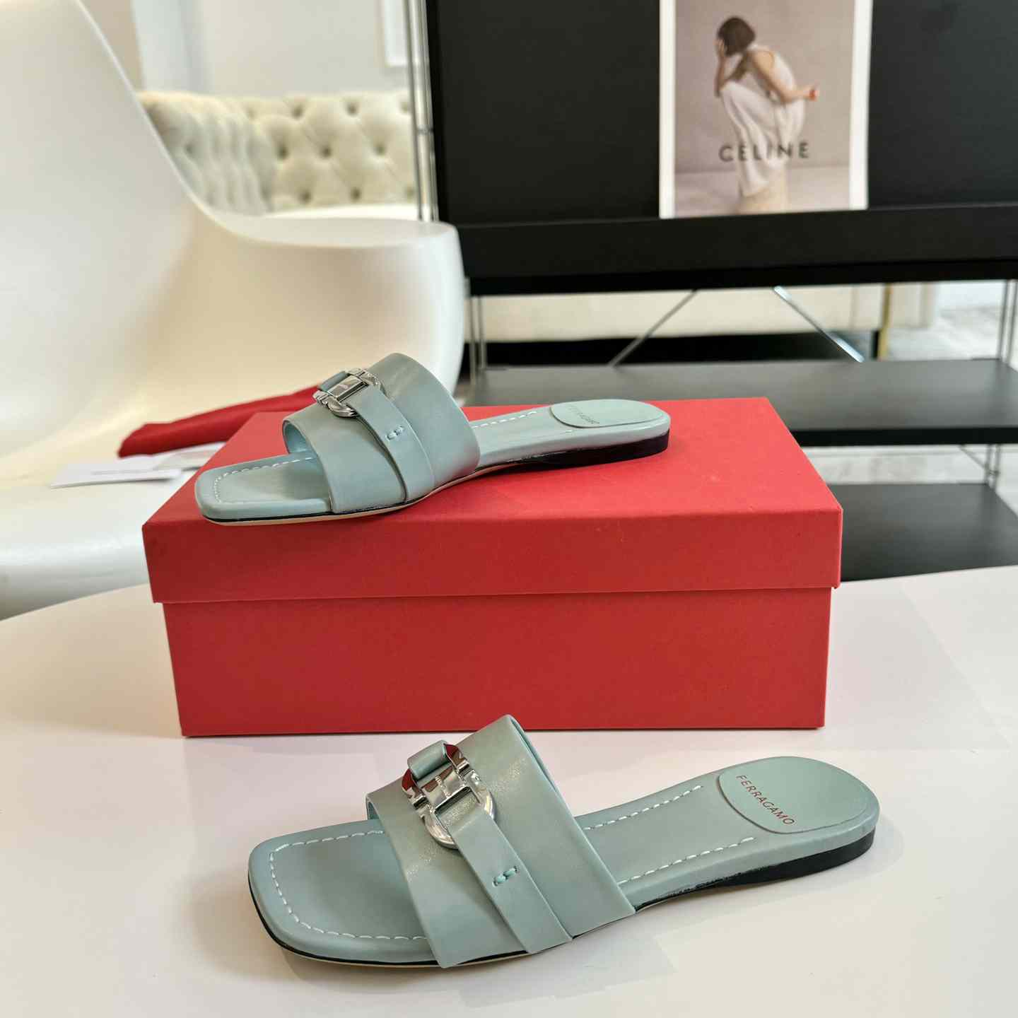 Ferragamo Women's Flat Slide With Gancini Ornament - PerfectKickZ