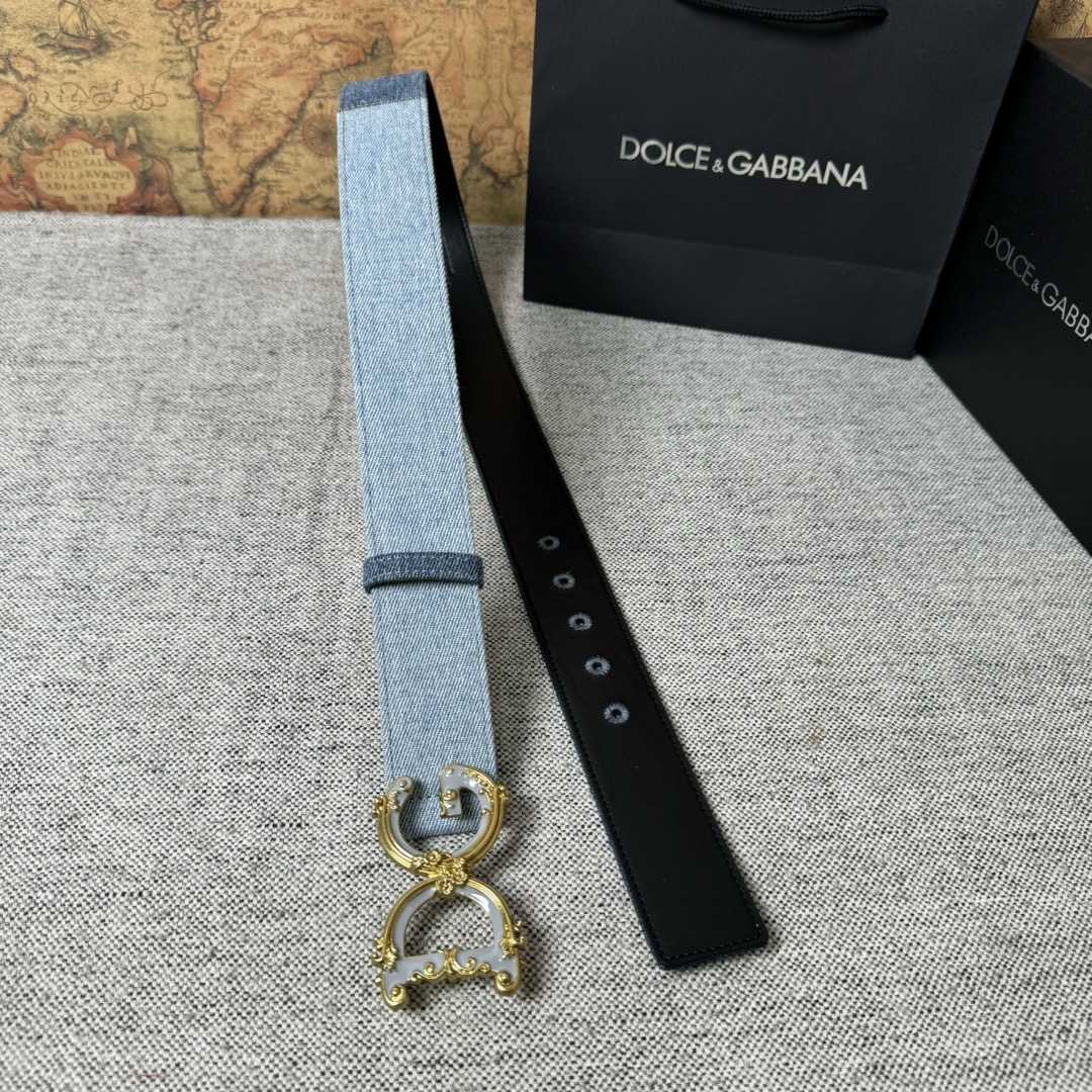Dolce & Gabbana Denim Patchwork Belt With Baroque DG Buckle - PerfectKickZ