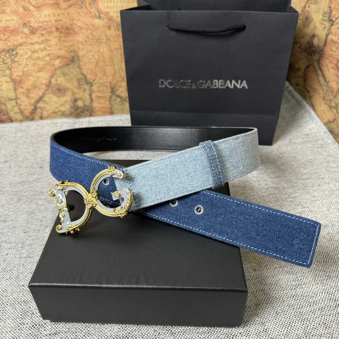 Dolce & Gabbana Denim Patchwork Belt With Baroque DG Buckle - PerfectKickZ