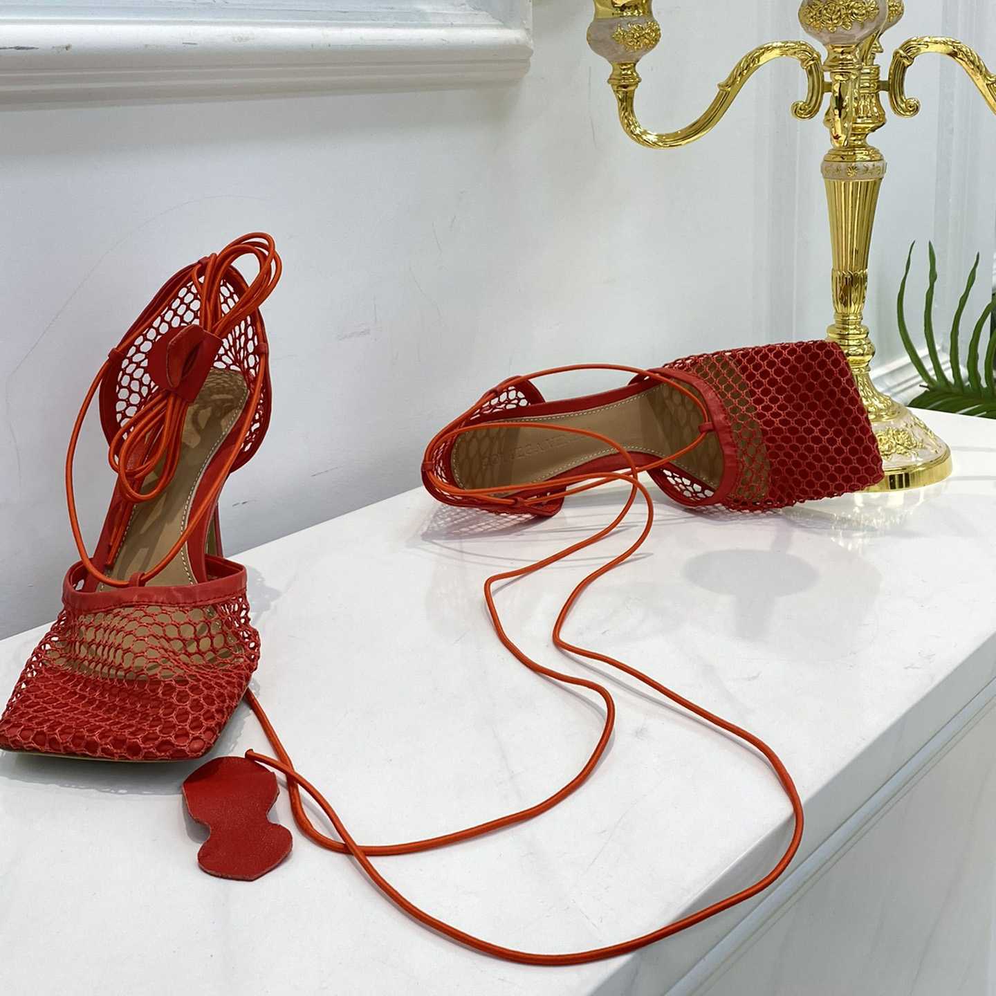 Bottega Veneta Red Mesh Square Toe Ankle Wrap Sandals - PerfectKickZ