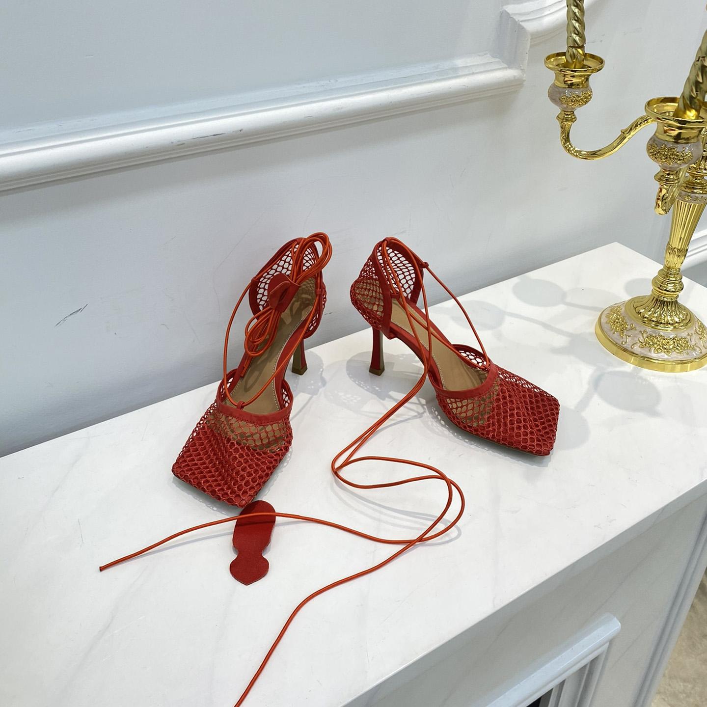 Bottega Veneta Red Mesh Square Toe Ankle Wrap Sandals - PerfectKickZ