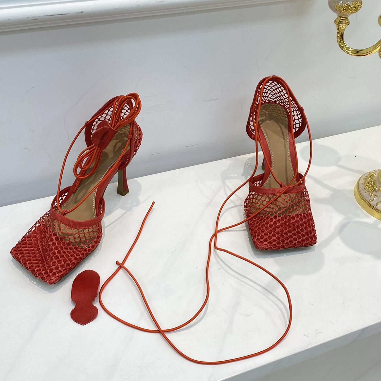 Bottega Veneta Red Mesh Square Toe Ankle Wrap Sandals - PerfectKickZ