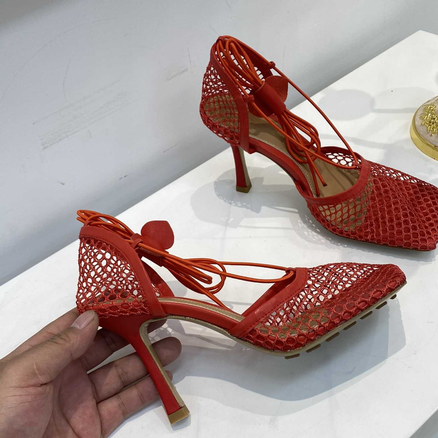 Bottega Veneta Red Mesh Square Toe Ankle Wrap Sandals - PerfectKickZ