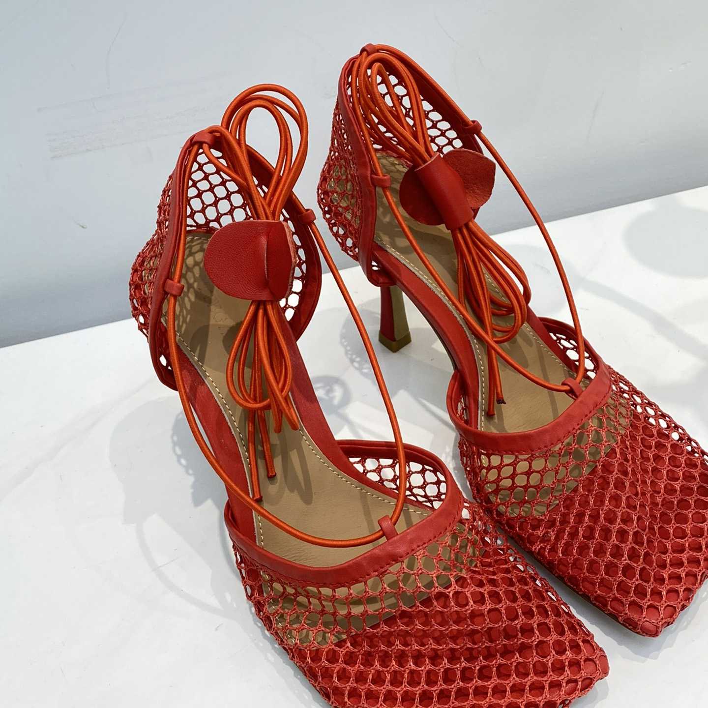 Bottega Veneta Red Mesh Square Toe Ankle Wrap Sandals - PerfectKickZ