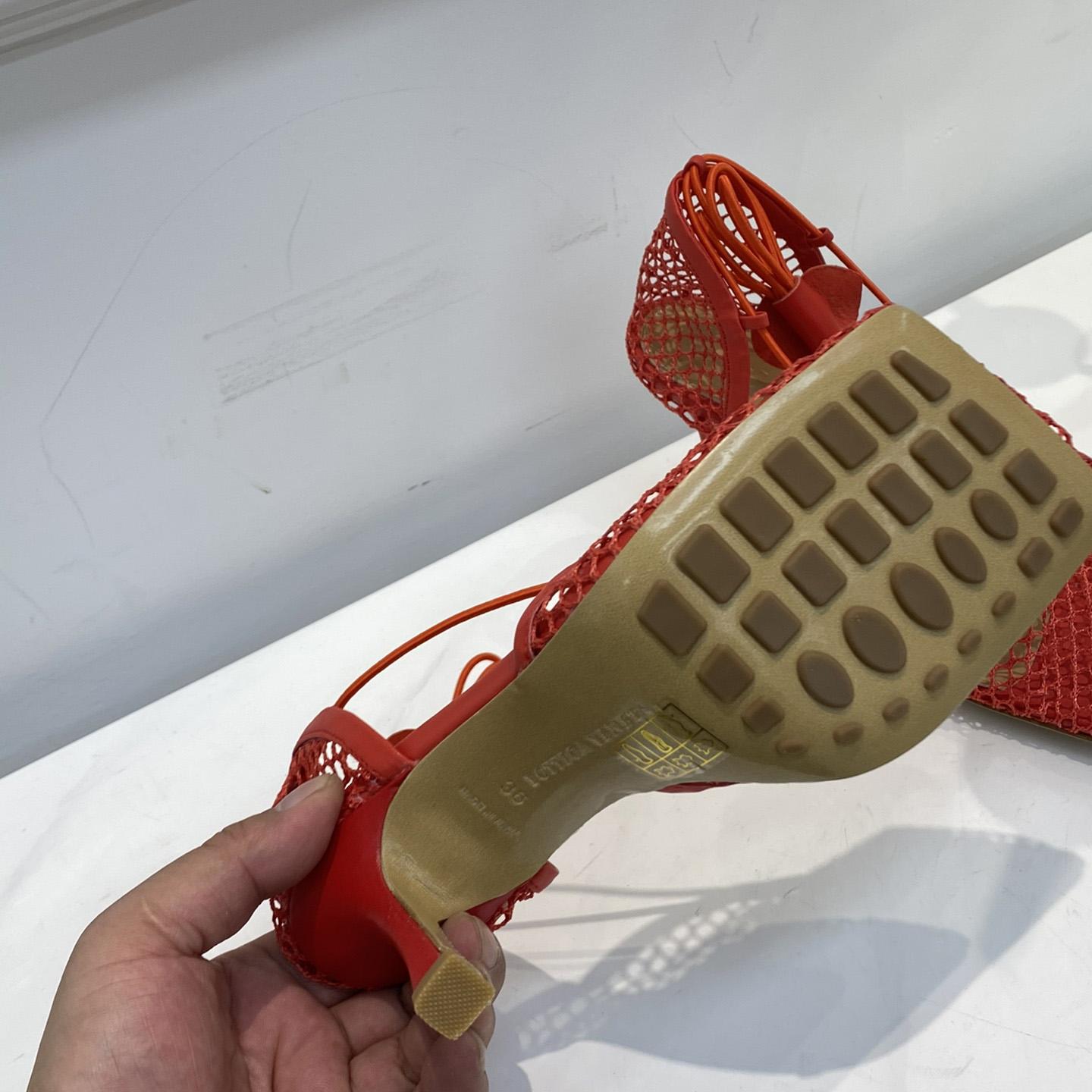 Bottega Veneta Red Mesh Square Toe Ankle Wrap Sandals - PerfectKickZ
