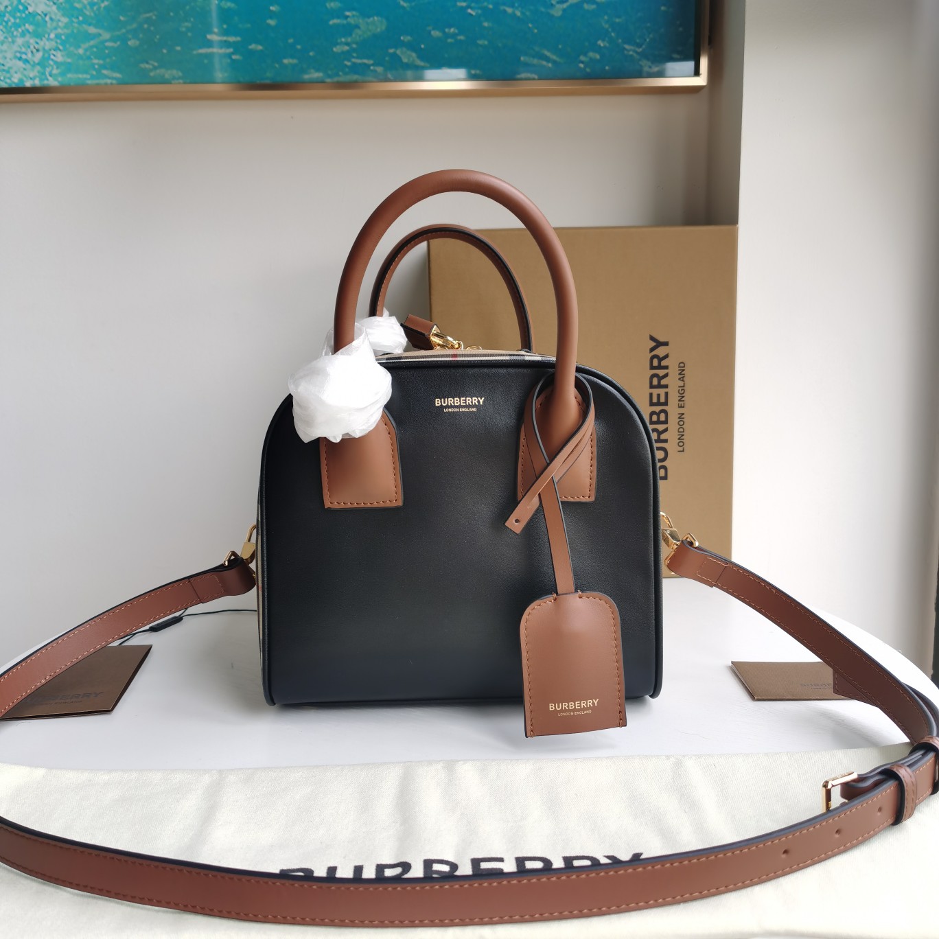 Burberry Cube Bag Leather With Vintage Check   W34 x H21 x D19cm - PerfectKickZ