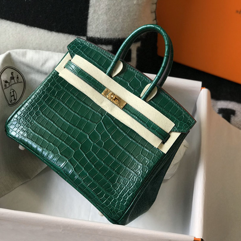 Hermes Birkin 25 Emeraude Porosus Lisse Shiny Gold Hardware (25-20-13cm) - PerfectKickZ