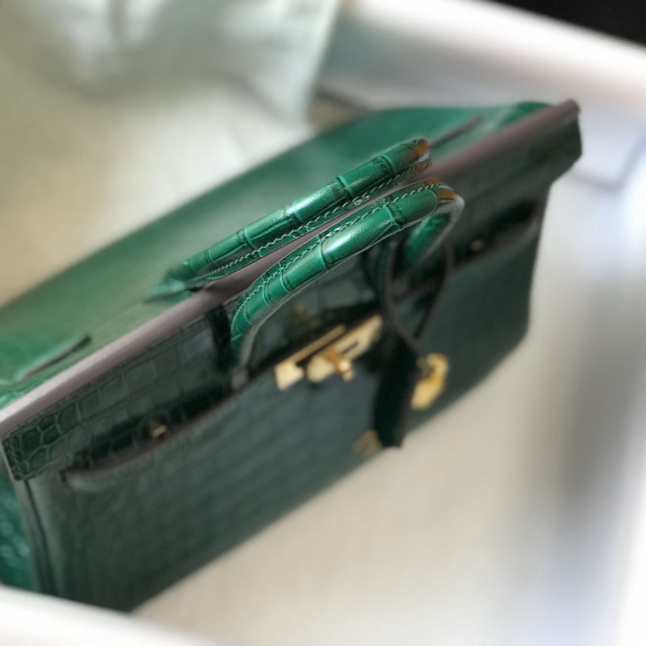 Hermes Birkin 25 Emeraude Porosus Lisse Shiny Gold Hardware (25-20-13cm) - PerfectKickZ