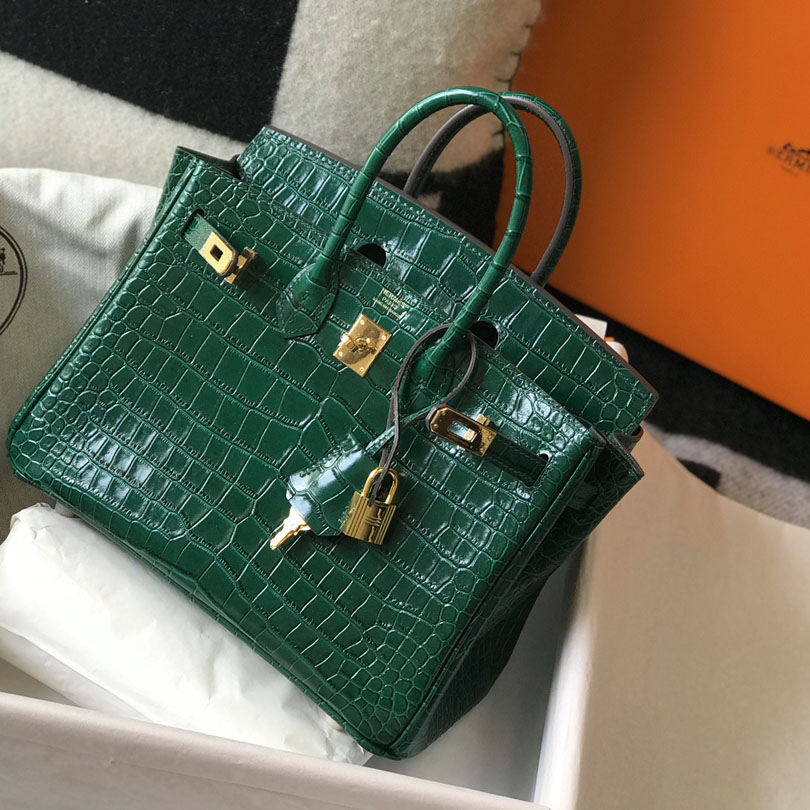 Hermes Birkin 25 Emeraude Porosus Lisse Shiny Gold Hardware (25-20-13cm) - PerfectKickZ