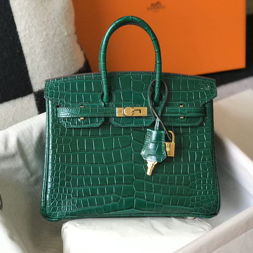 Hermes Birkin 25 Emeraude Porosus Lisse Shiny Gold Hardware (25-20-13cm) - PerfectKickZ