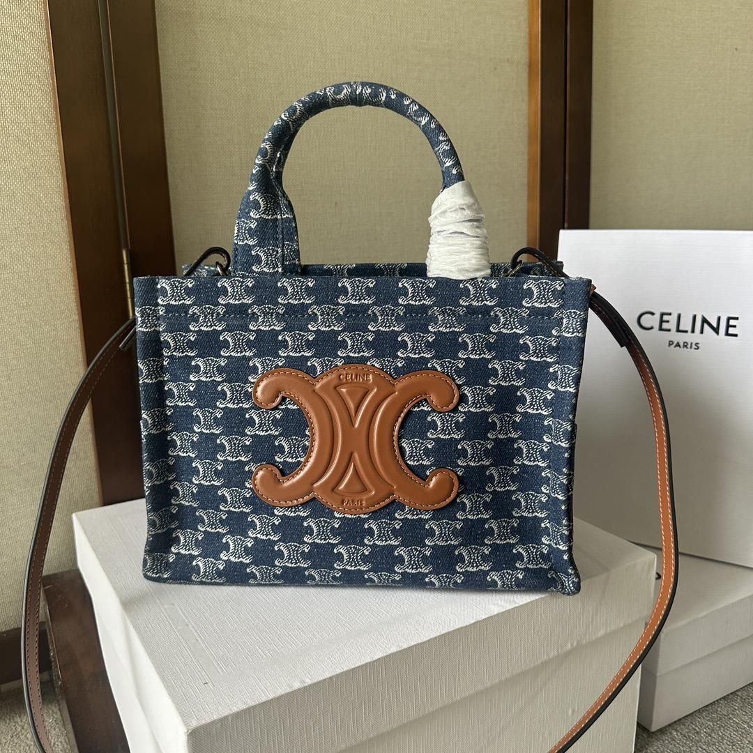 Celine Small Cabas Thais In Denim With Triomphe All-over And Calfskin Denim / Silver - PerfectKickZ