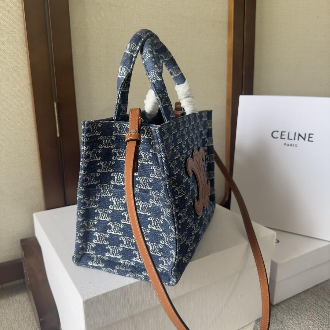 Celine Small Cabas Thais In Denim With Triomphe All-over And Calfskin Denim / Silver - PerfectKickZ