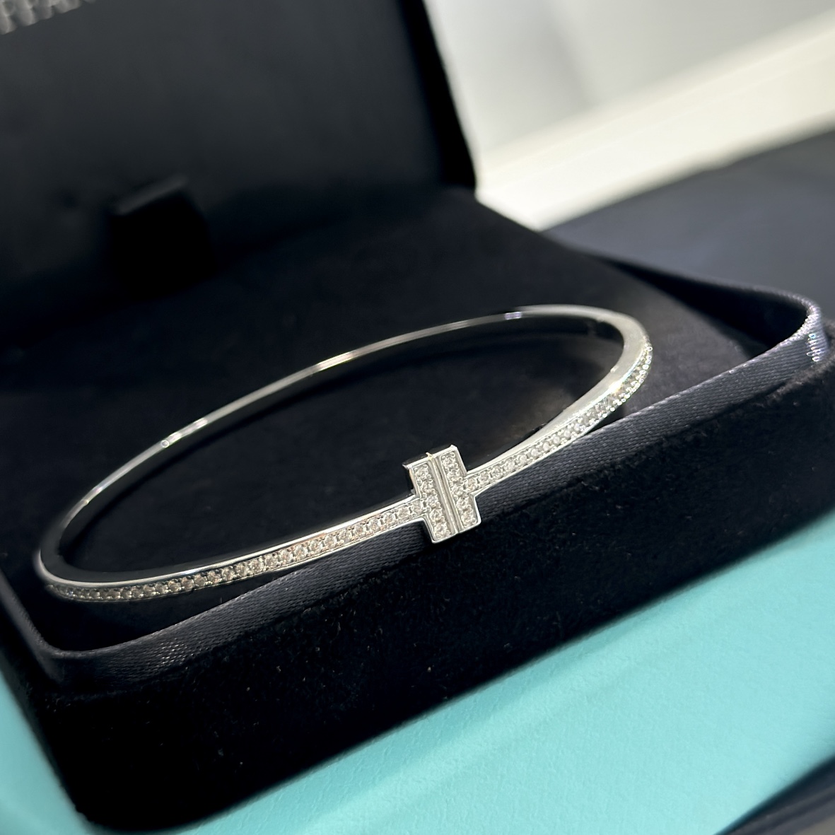Tiffany & Co. 18K White Gold T Hinged Wire Bangle Bracelet - PerfectKickZ