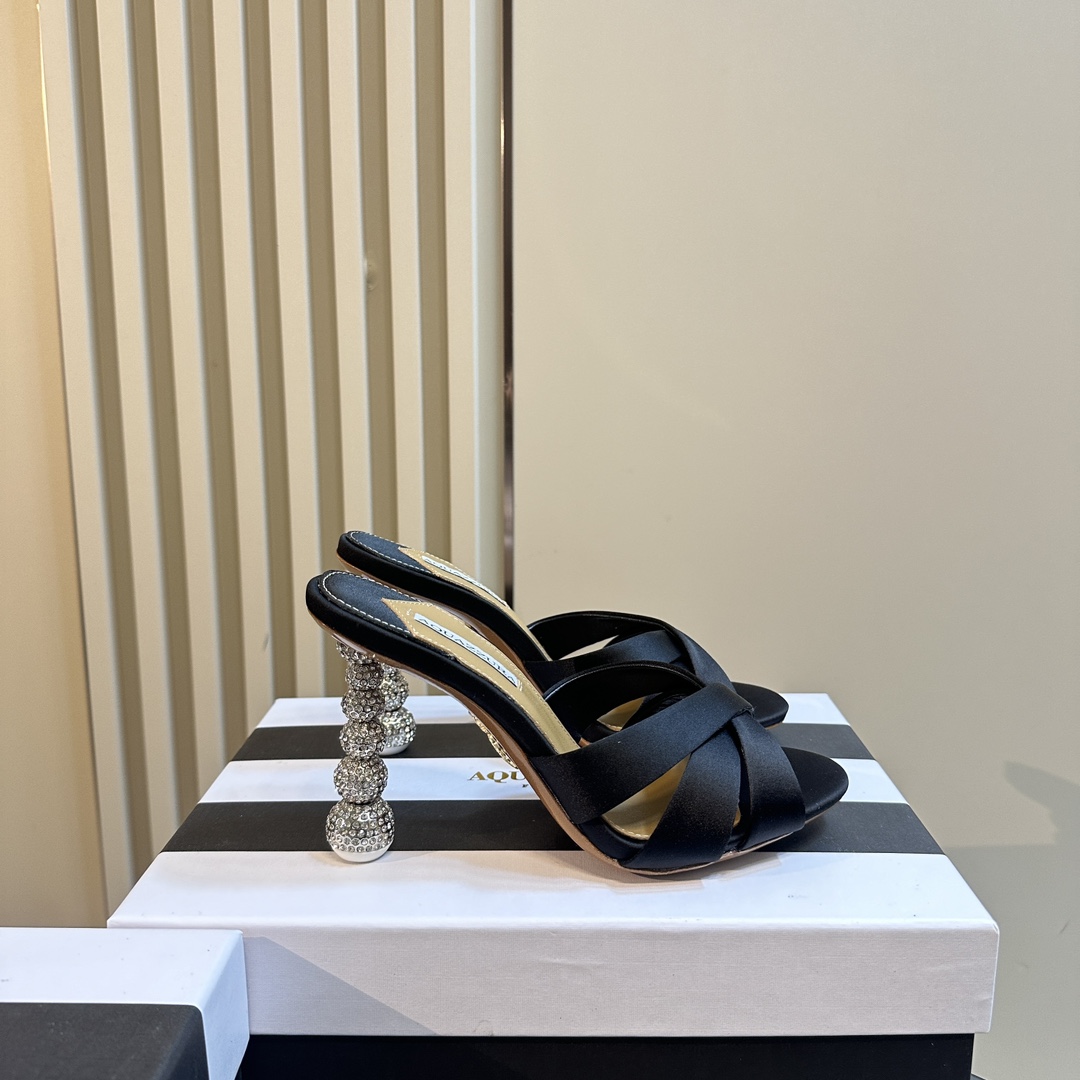 Aquazzura Black 105mm Yes Baby Satin Mules - PerfectKickZ