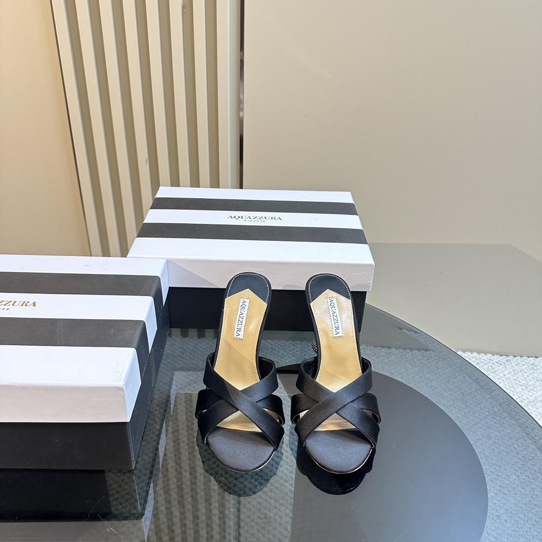 Aquazzura Black 105mm Yes Baby Satin Mules - PerfectKickZ