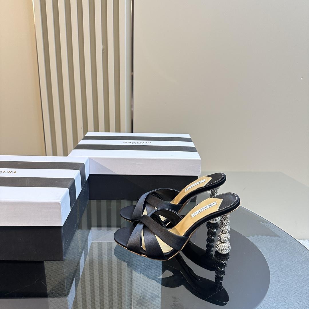 Aquazzura Black 105mm Yes Baby Satin Mules - PerfectKickZ