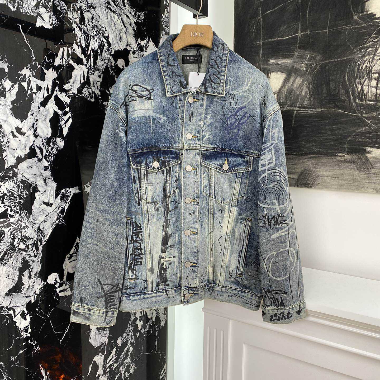 Balenciaga Blue Graffiti Denim Jacket Coat - PerfectKickZ