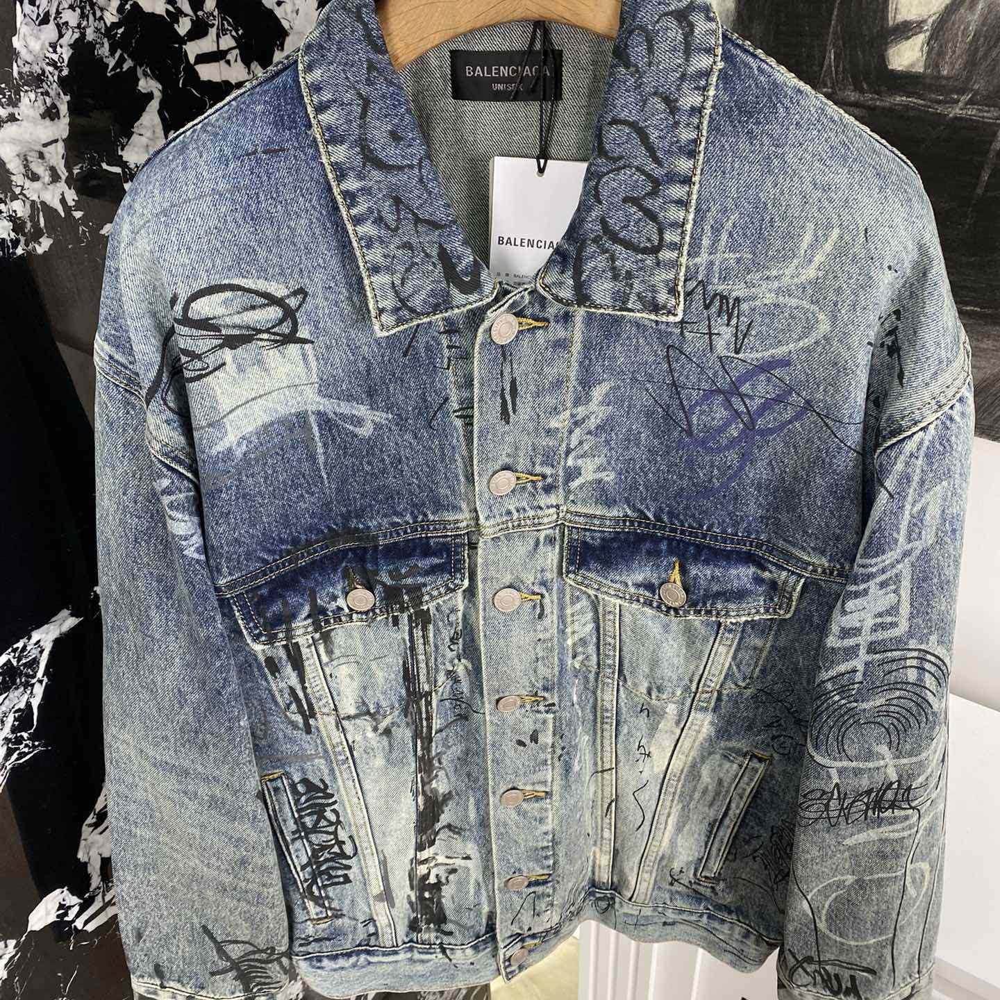 Balenciaga Blue Graffiti Denim Jacket Coat - PerfectKickZ